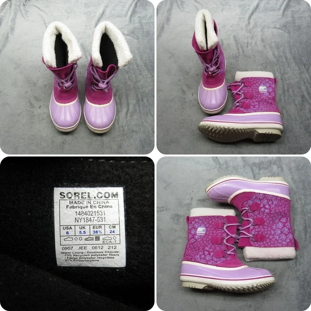 Sorel Snow Boots Youth 6 Purple Snowflake Lace Up Faux Fur Waterproof Winter